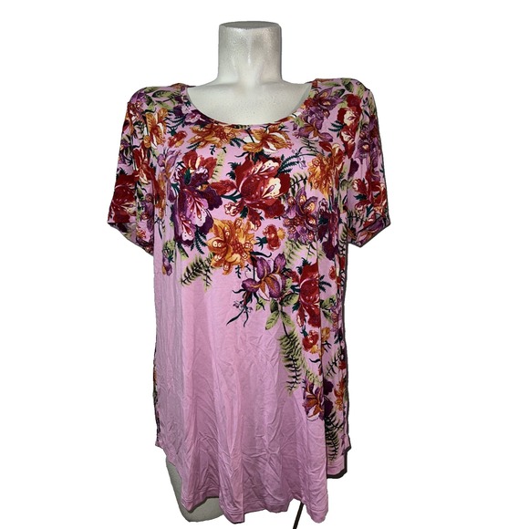 JM Collection Tops - JM Collection Womens XXL Pink Floral Scoop Neck Short Sleeve Top T-Shirt